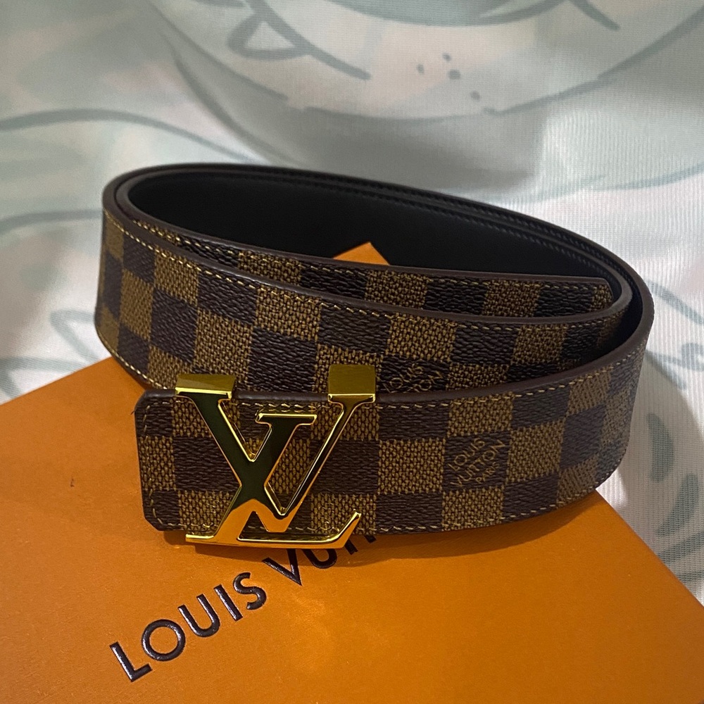 Louis Vuitton Brown Checkered Gold Buckle Belt